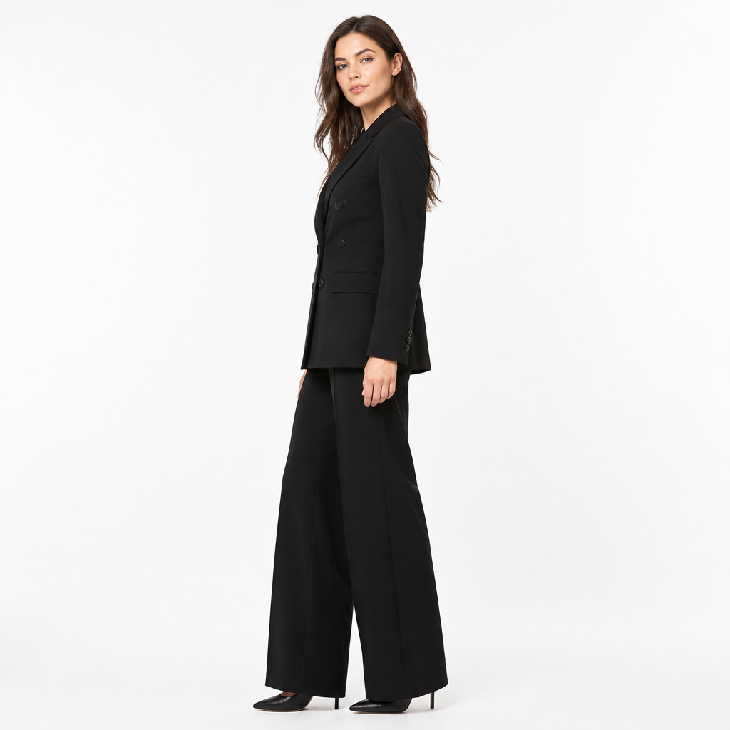 Black double-breasted blazer trouser set side view