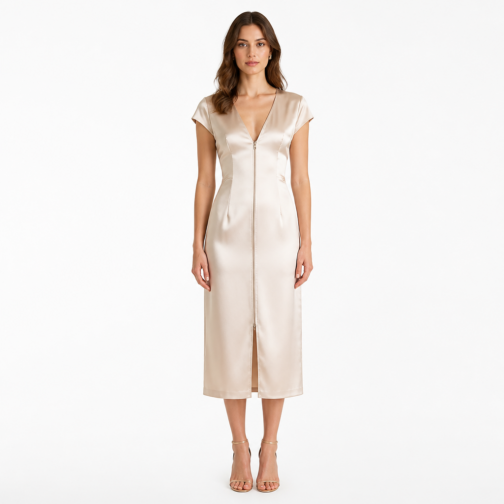 Champagne satin V-neck short-sleeve midi dress front view