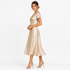 Champagne satin V-neck midi dress side view