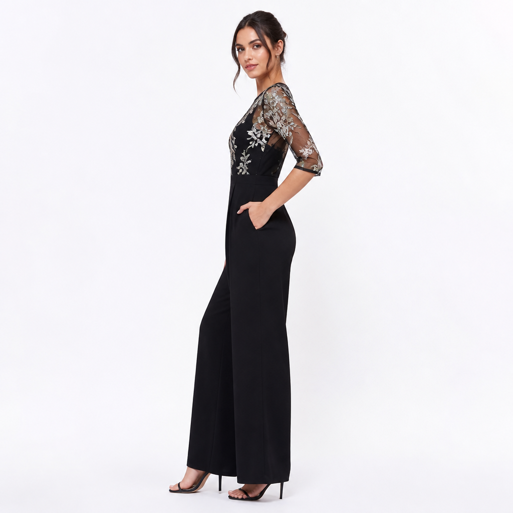 Black embroidered sheer-top wide-leg jumpsuit side view