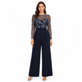 Navy blue embroidered sheer-top wide-leg jumpsuit front view