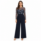 Navy blue embroidered sheer-top wide-leg jumpsuit front view