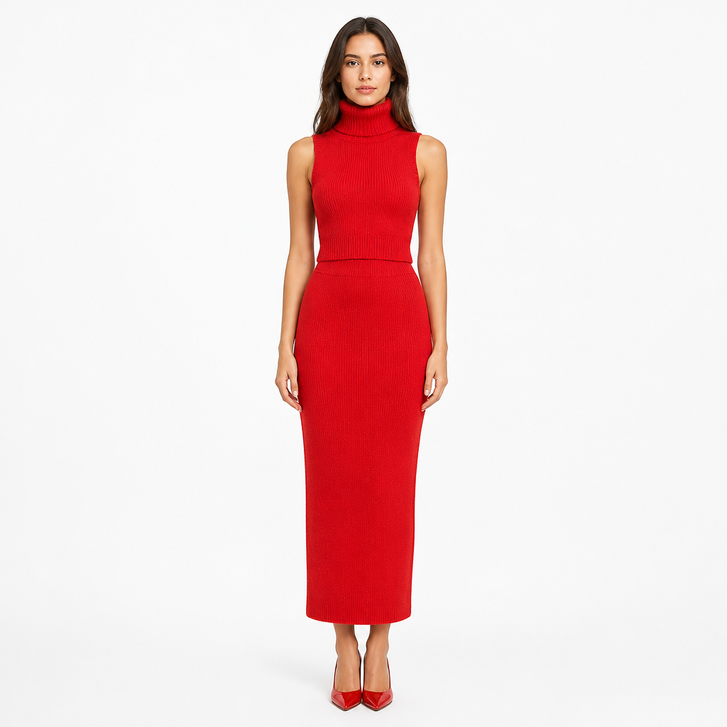 Red knitted turtleneck vest and high-waist skirt two-piece set front view