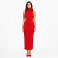 Red knitted turtleneck vest and high-waist skirt two-piece set front view