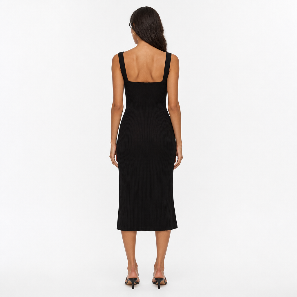 Black knitted square-collar midi dress back view