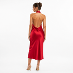 Red satin halter midi dress back view