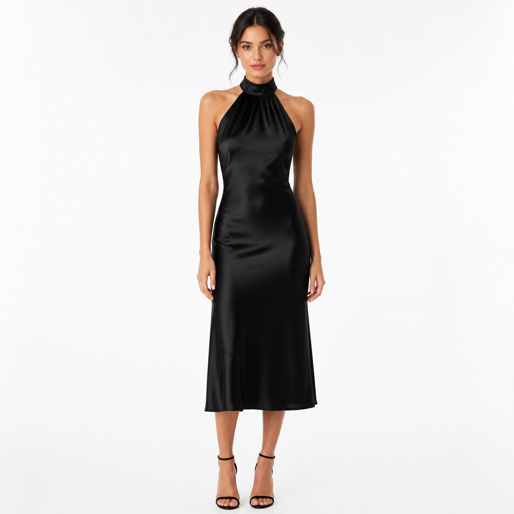 Black satin halter midi dress front view