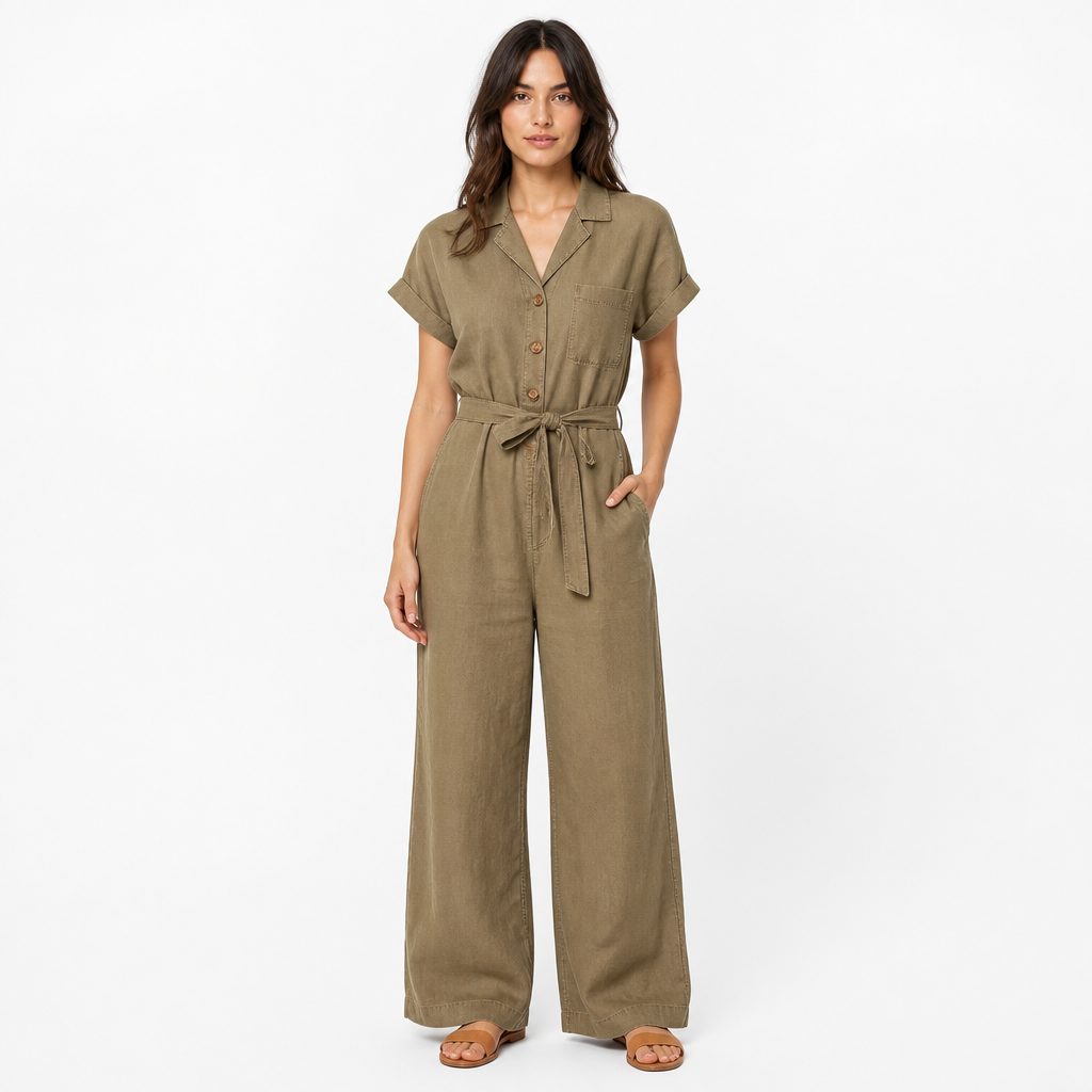 Khaki cotton linen vintage button-front jumpsuit front view