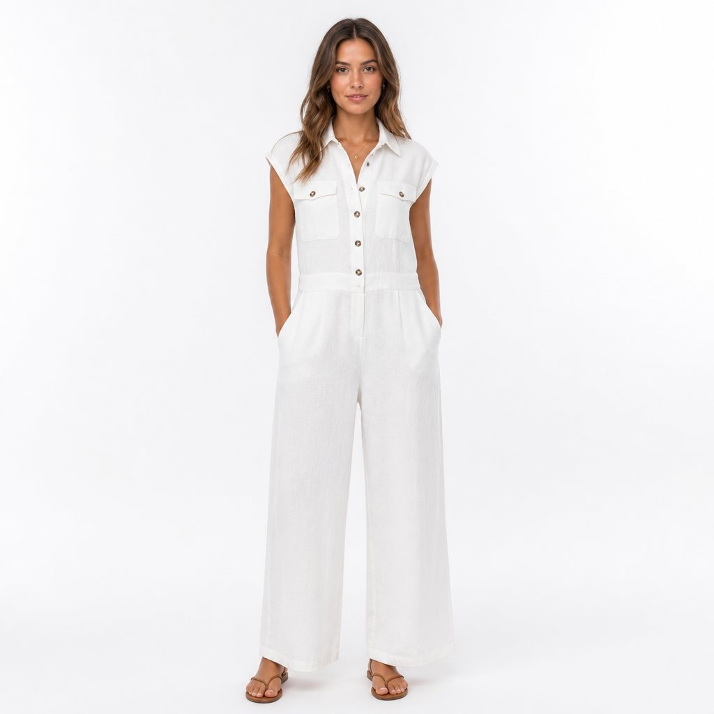 White cotton linen vintage button-front jumpsuit front view