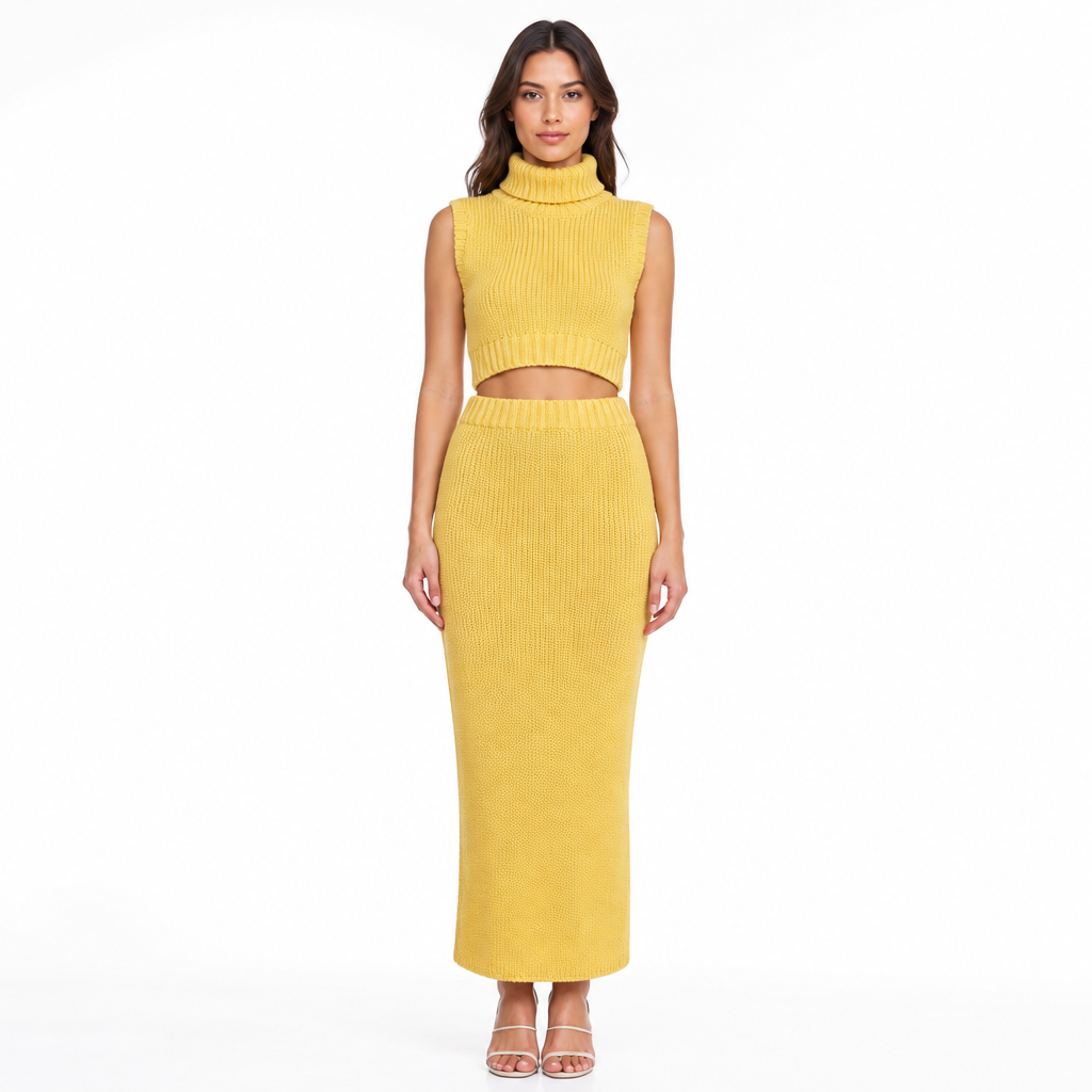 Yellow knit turtleneck vest and skirt set front view