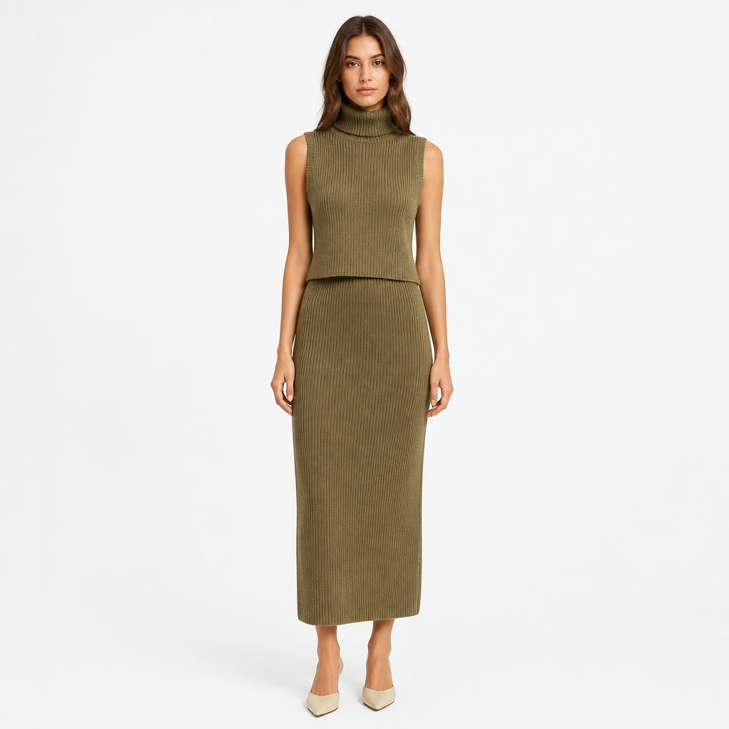 Khaki knit turtleneck vest and skirt set front view