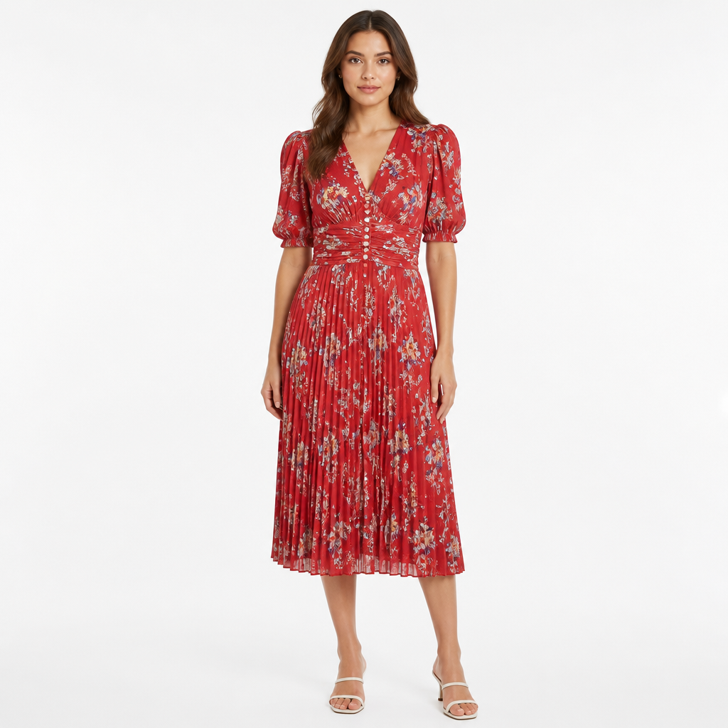 Red floral pleated V-neck puff-sleeve midi dress front view