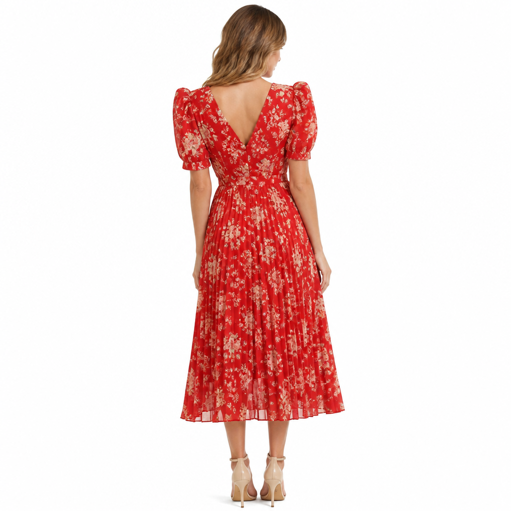 Red floral pleated puff-sleeve midi back view