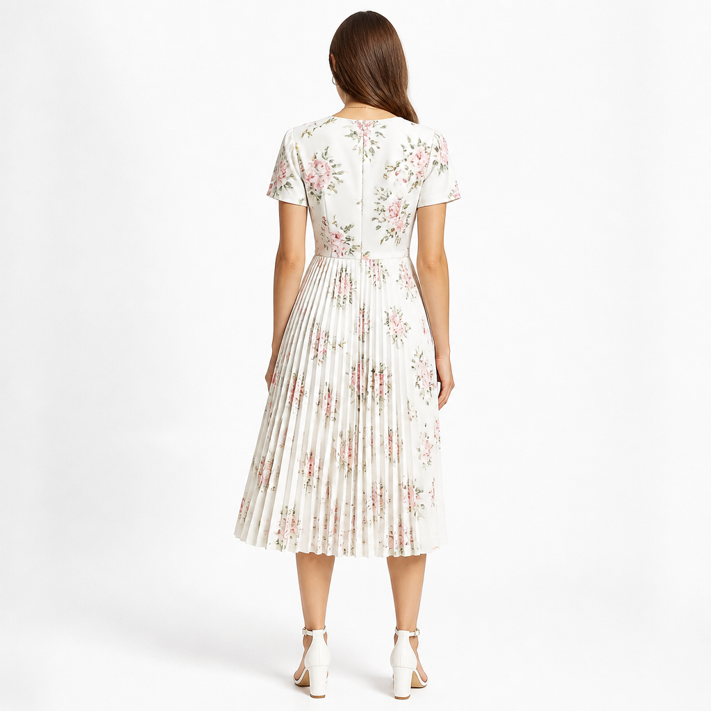 Ivory floral V-neck pleated short-sleeve midi back view