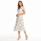 Ivory floral V-neck pleated short-sleeve midi side view