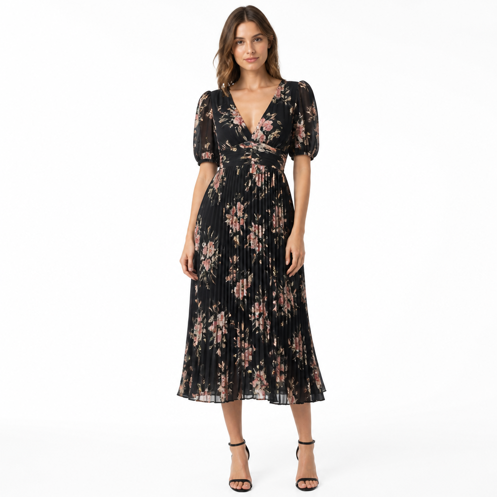Black floral pleated puff-sleeve midi front view