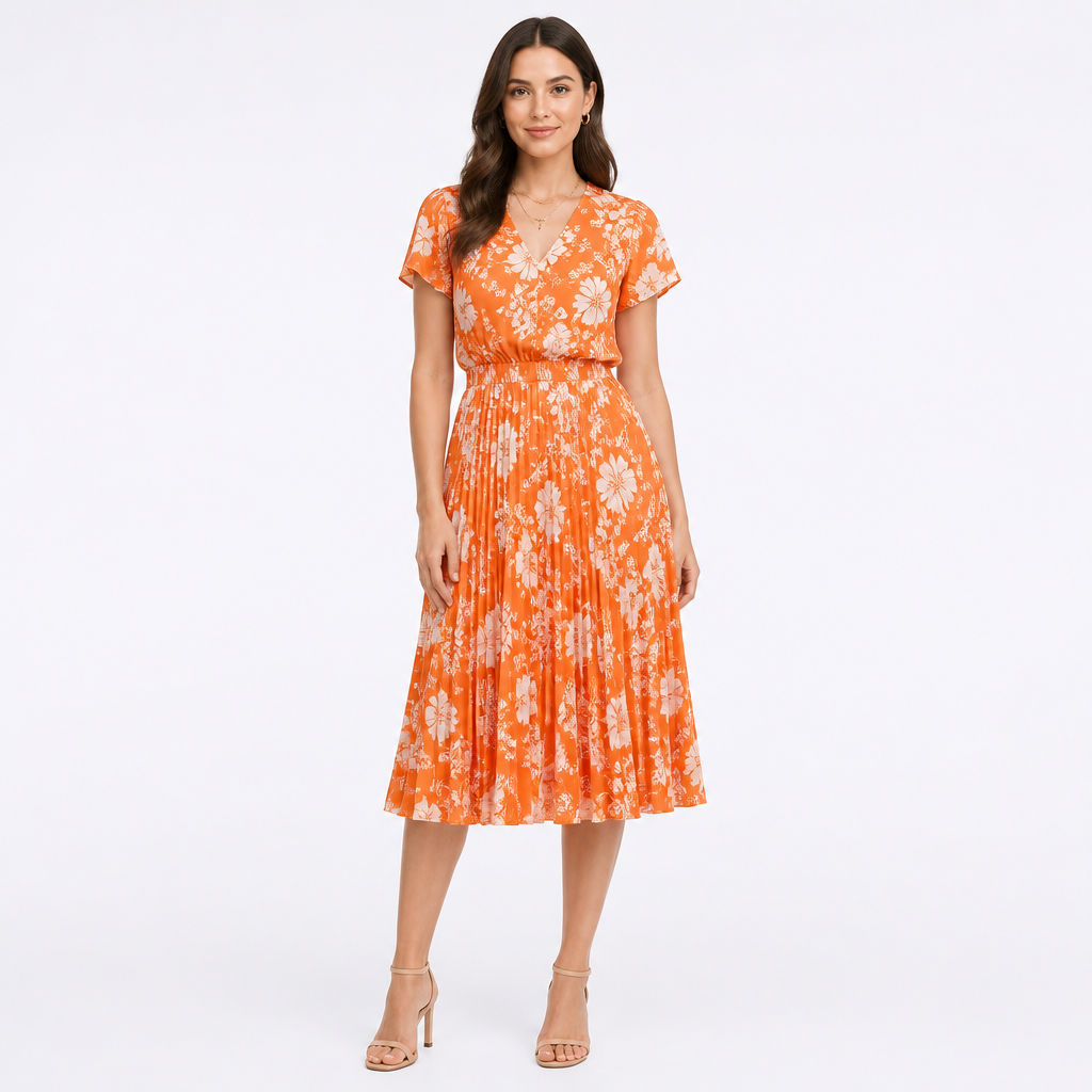 Orange floral V-neck pleated short-sleeve midi front view