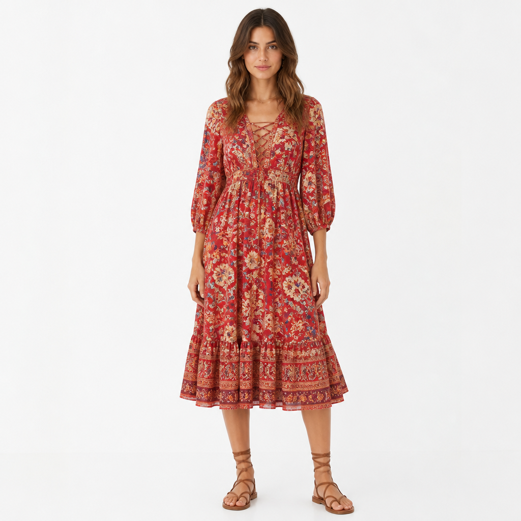 Red bohemian floral A-line midi front view