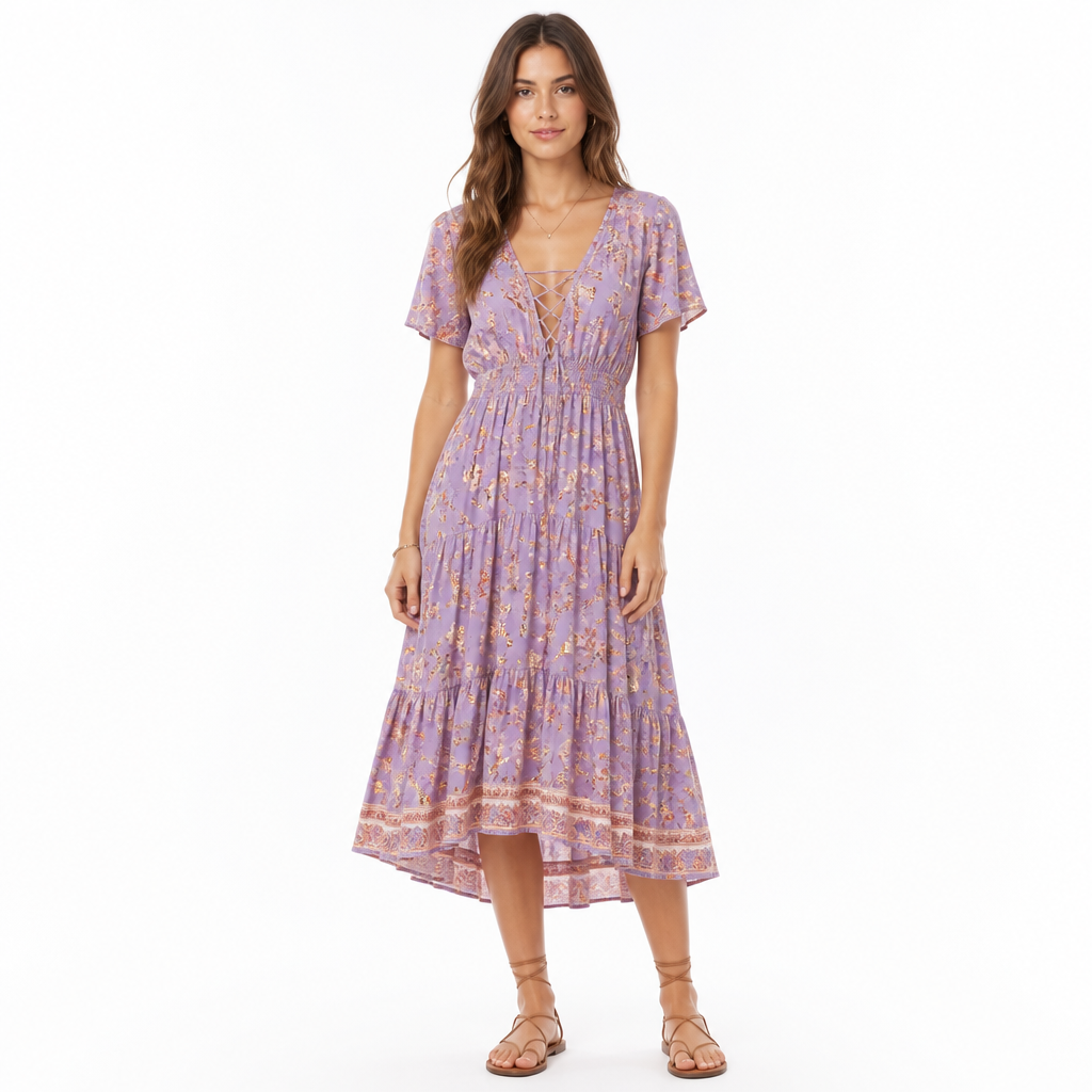 Light purple bohemian floral A-line midi front view