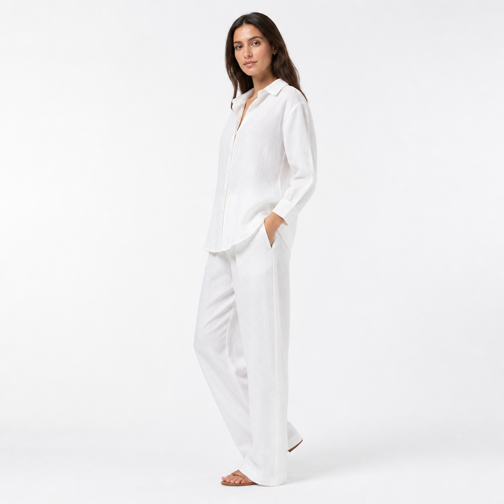 Cotton linen lapel shirt and trouser set side view