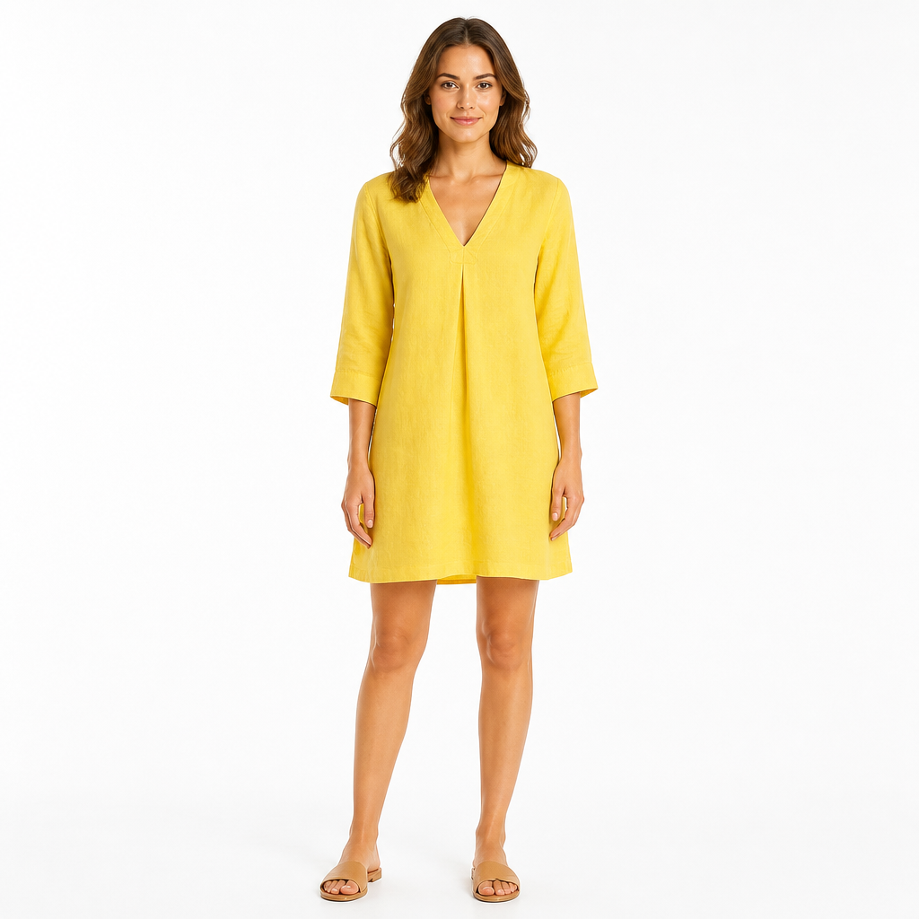 Yellow cotton linen V-neck mini dress front view