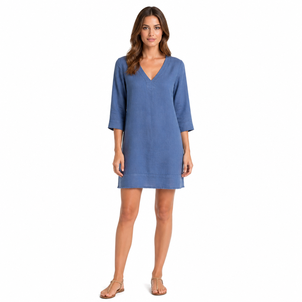 Blue cotton linen V-neck mini dress front view