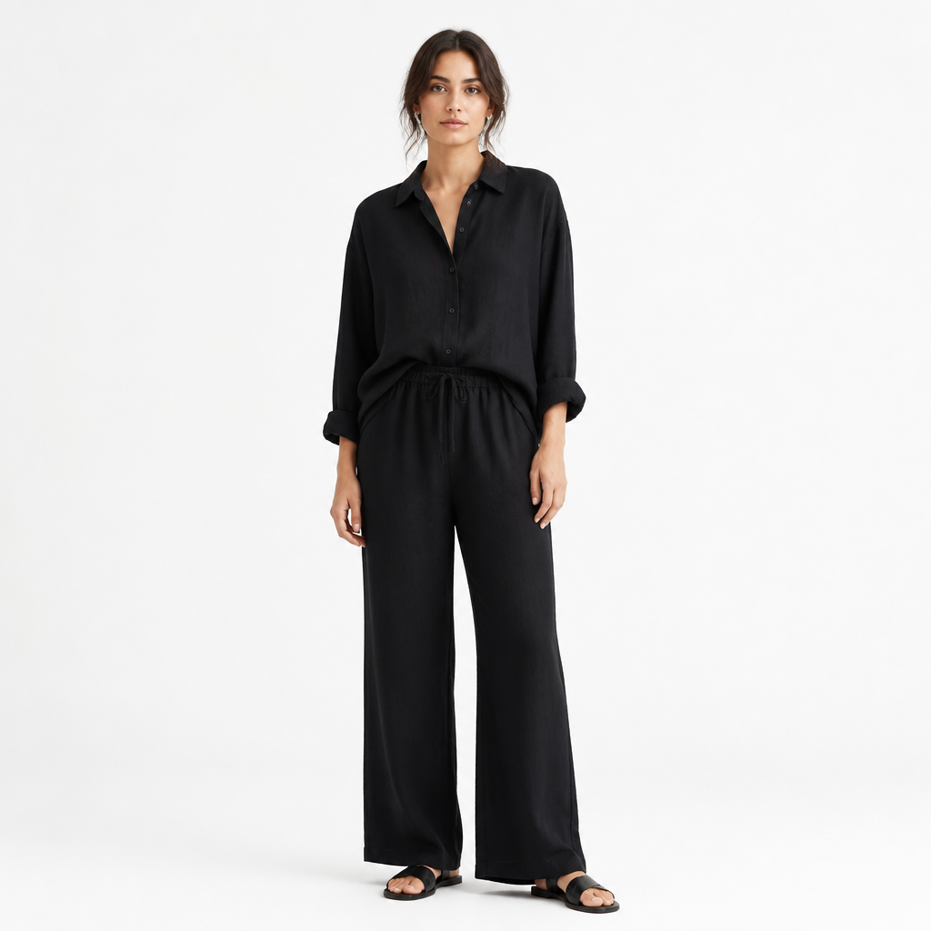 Black cotton linen lapel shirt and trouser set front view
