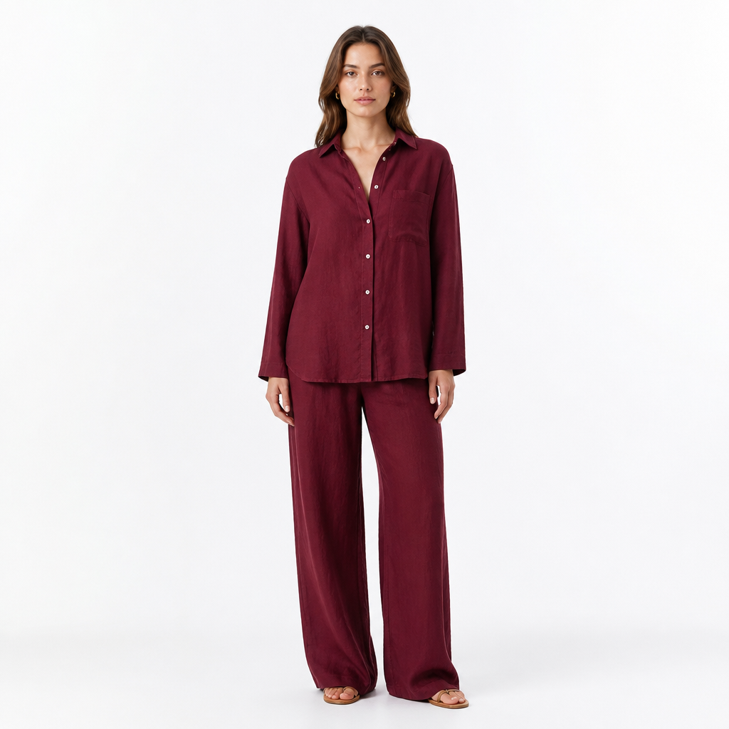 Burgundy cotton linen lapel shirt and trouser set front view