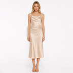 Champagne satin chic sleeveless midi dress front view