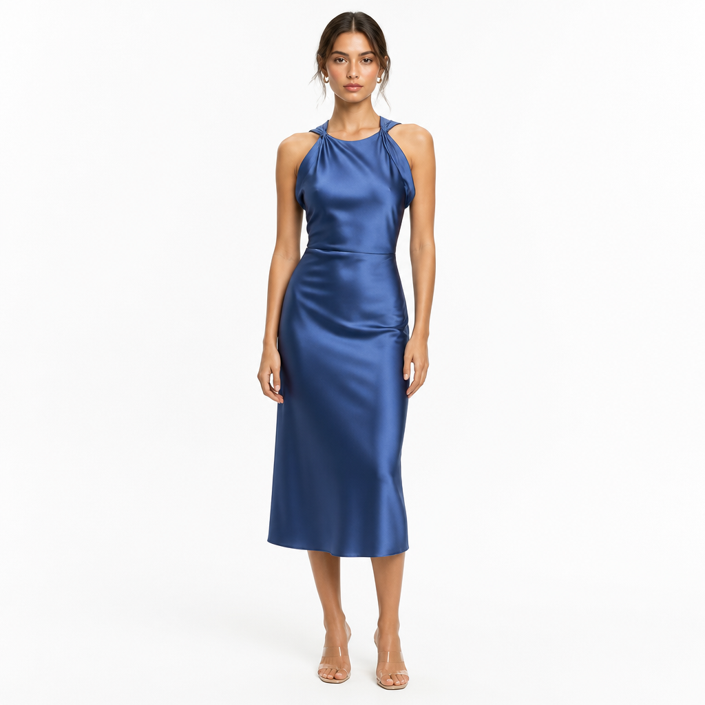 Blue satin midi front