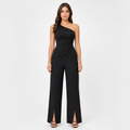 Black one-shoulder ruched wide-leg jumpsuit front view