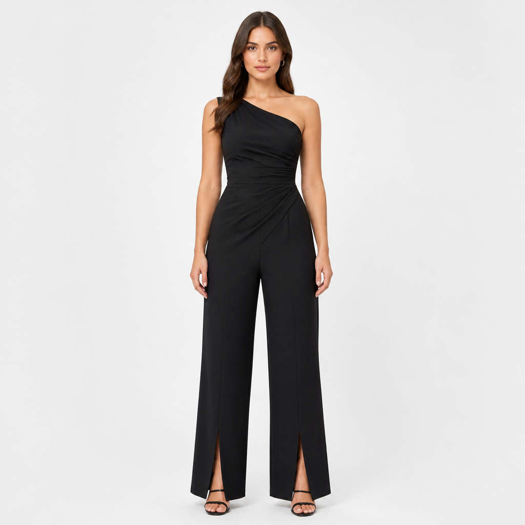 Black one-shoulder ruched wide-leg jumpsuit front view