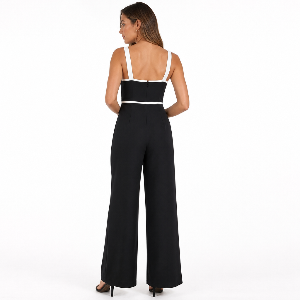 Black square-neck contrast-trim jumpsuit back view