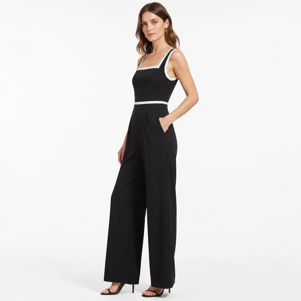 Black square-neck contrast-trim jumpsuit side view