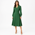 Green notched-lapel long-sleeve A-line belted midi dress front view