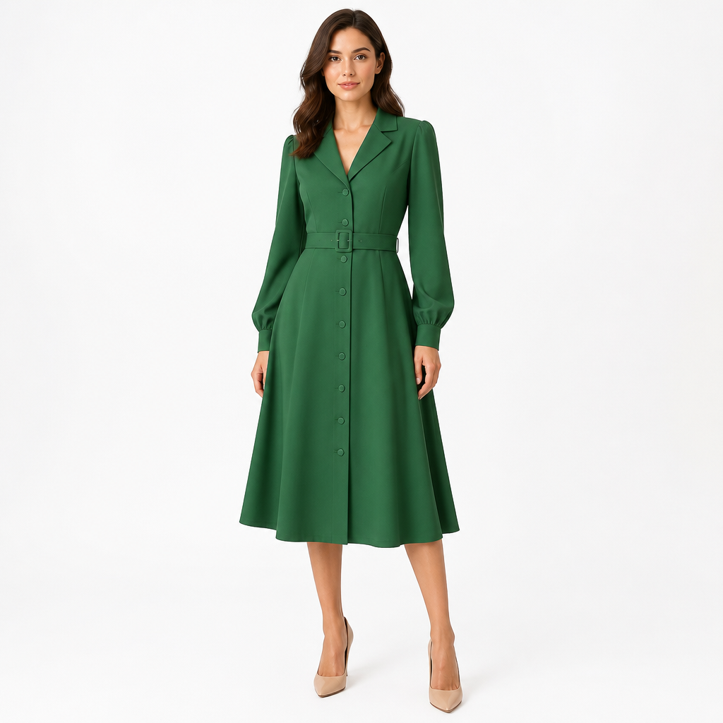 Green notched-lapel long-sleeve A-line belted midi dress front view