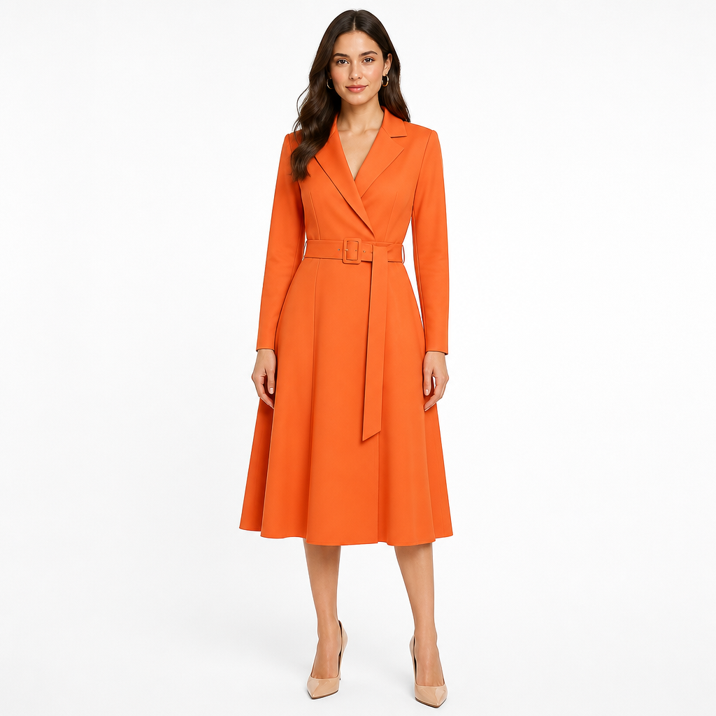 Orange notched-lapel midi front view