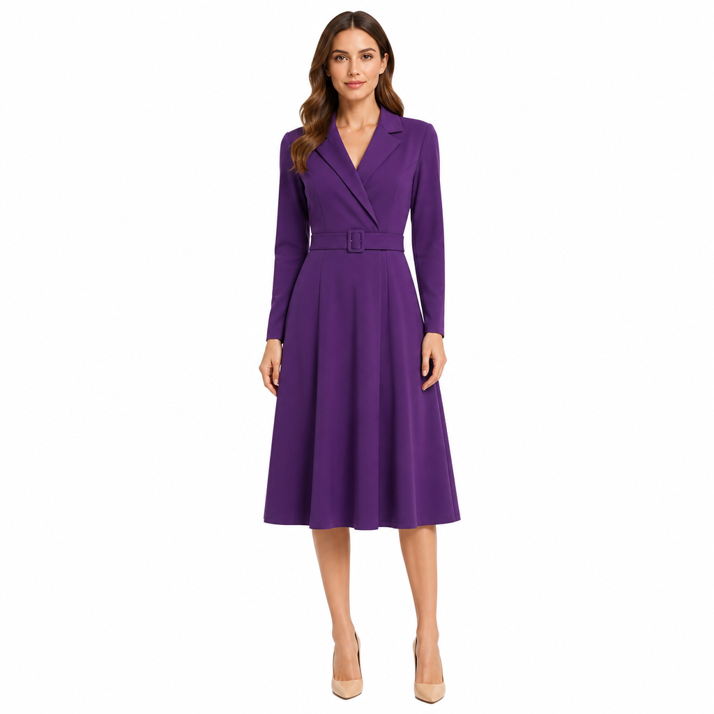 Purple notched-lapel midi front view