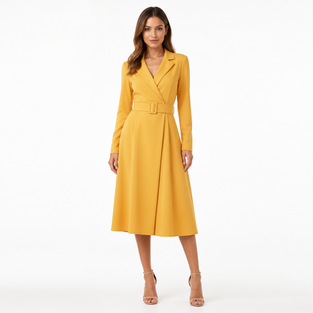 Yellow notched-lapel midi front view