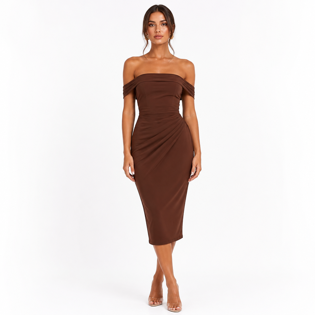 Brown off-shoulder pleated strapless slimming midi dress front view