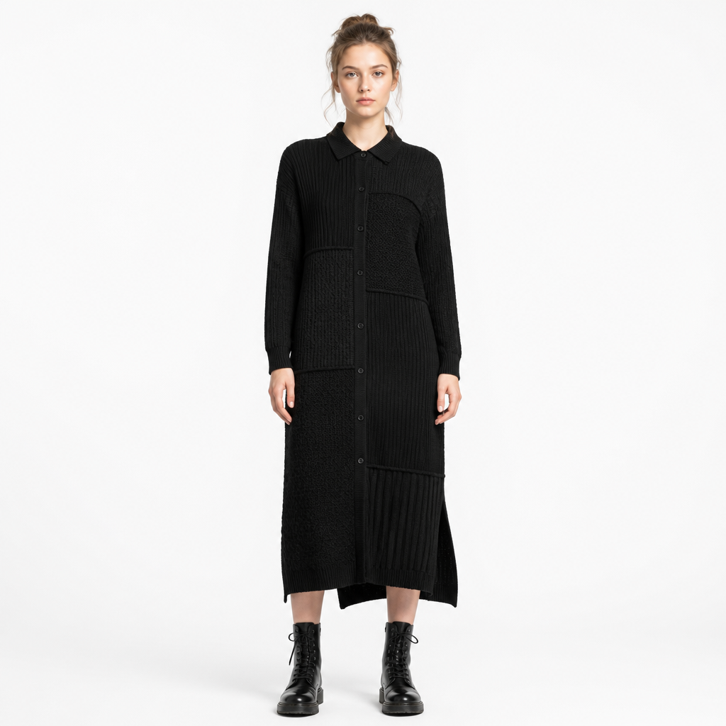 Black patchwork shirt-sweater dress front view