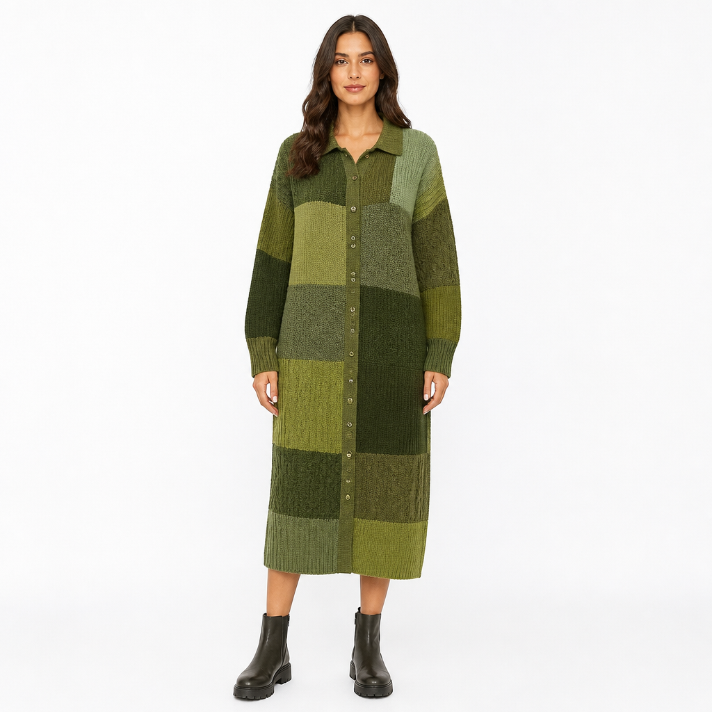 Green patchwork shirt-sweater dress front view