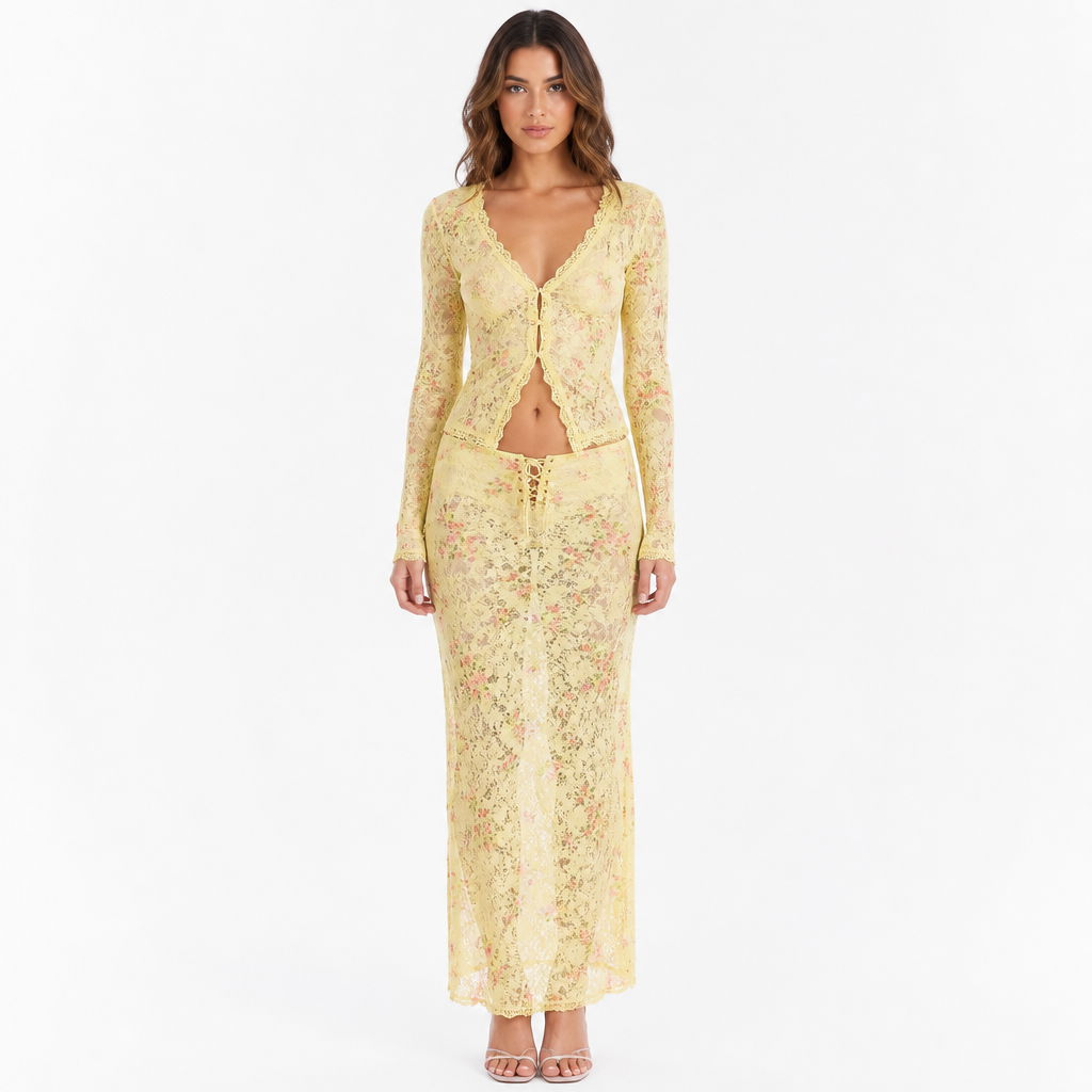 Yellow lace floral cardigan and skirt set, front view