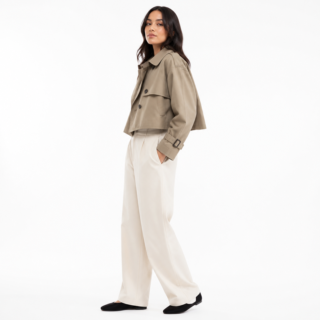 Khaki cropped trench coat, side view