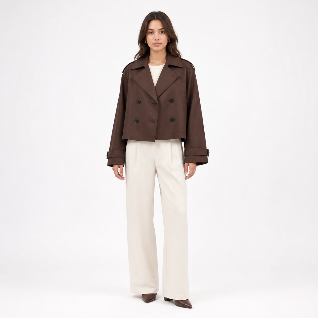 Brown cropped trench coat, front view