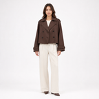 Brown cropped trench coat, front view