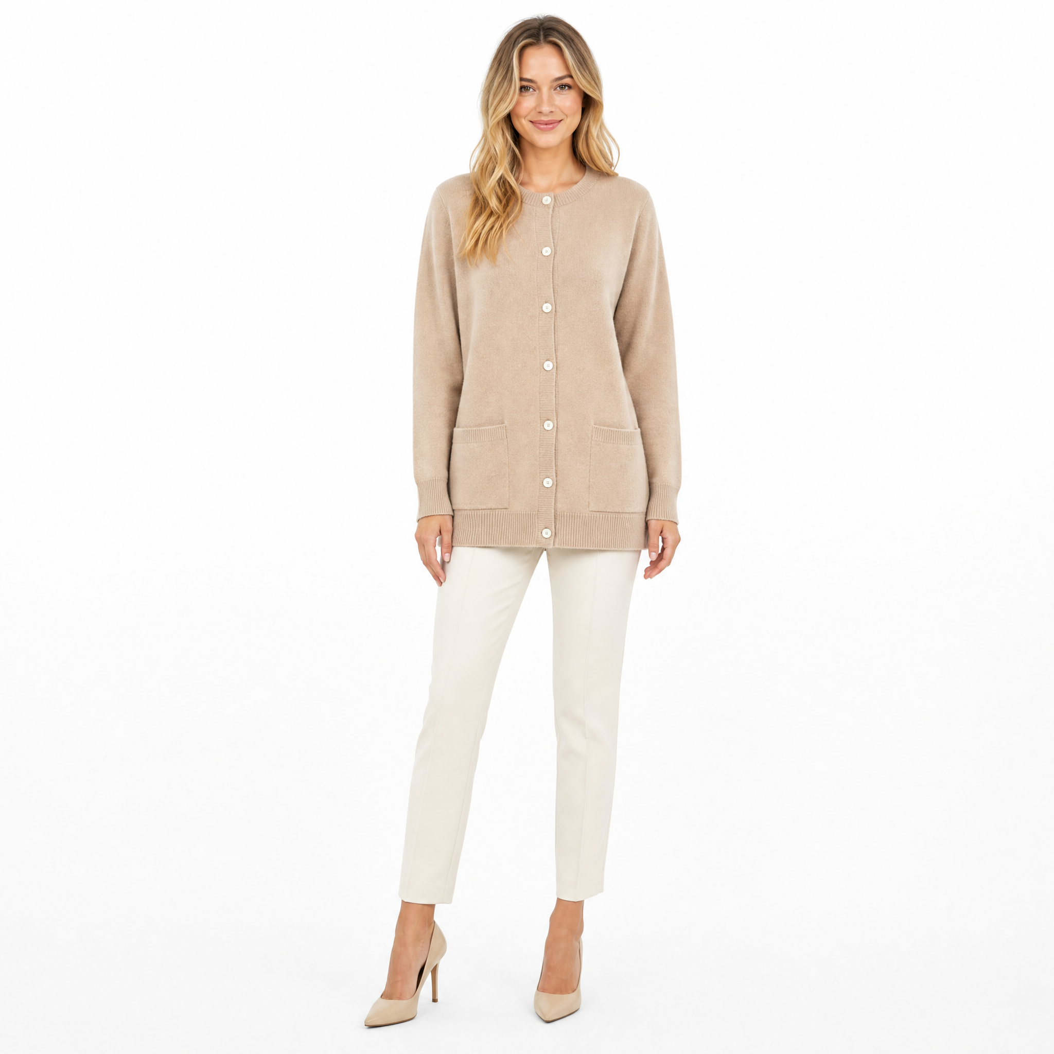 Beige Cashmere O-Neck Cardigan front view