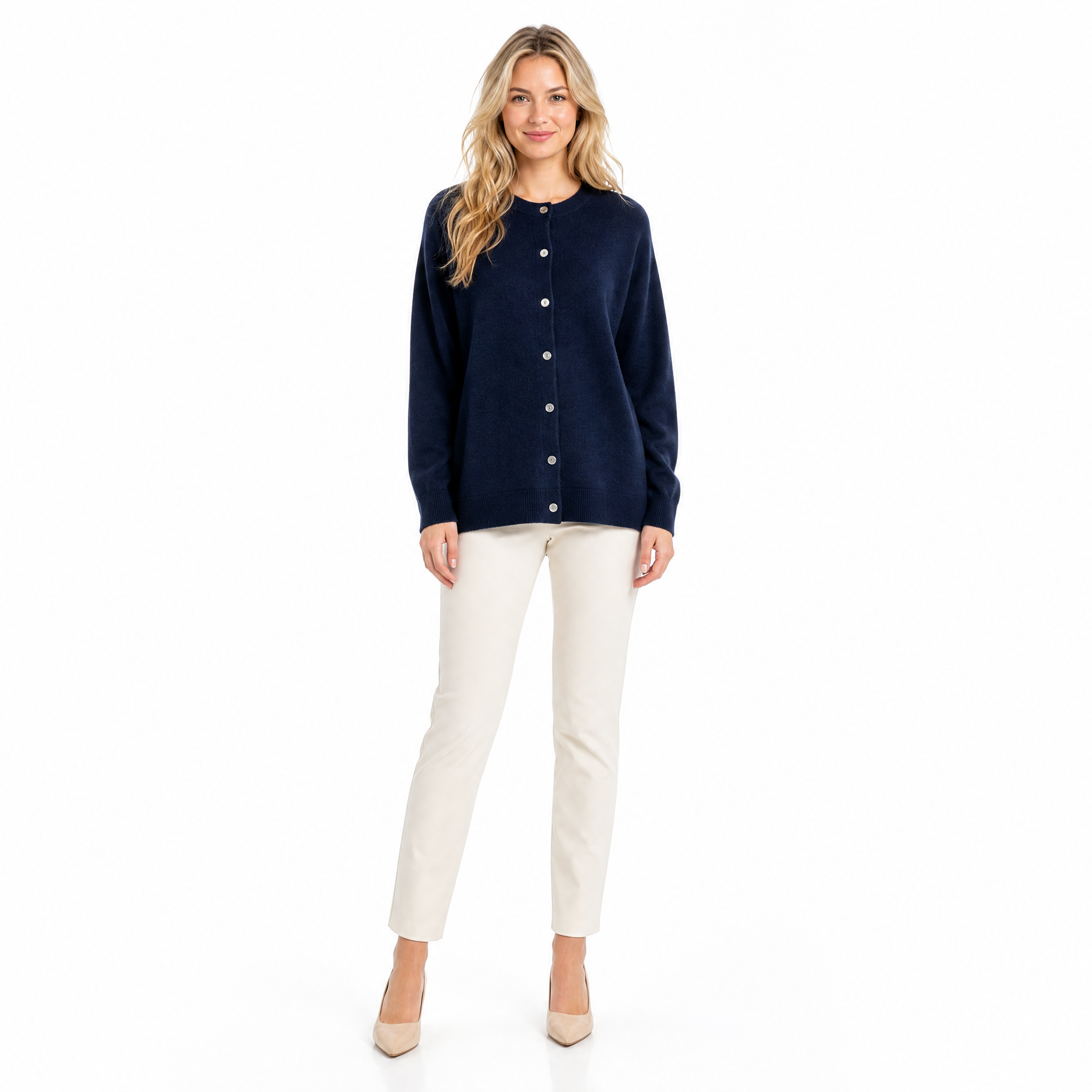 Navy Cashmere O-Neck Cardigan front view