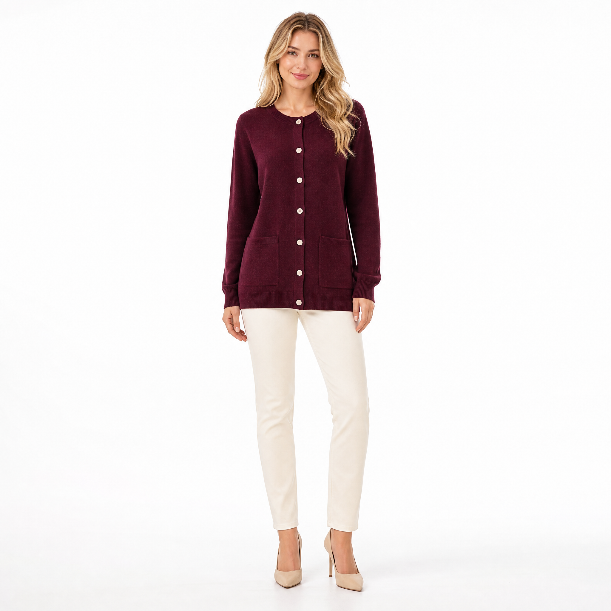 Burgundy Cashmere O-Neck Cardigan front view