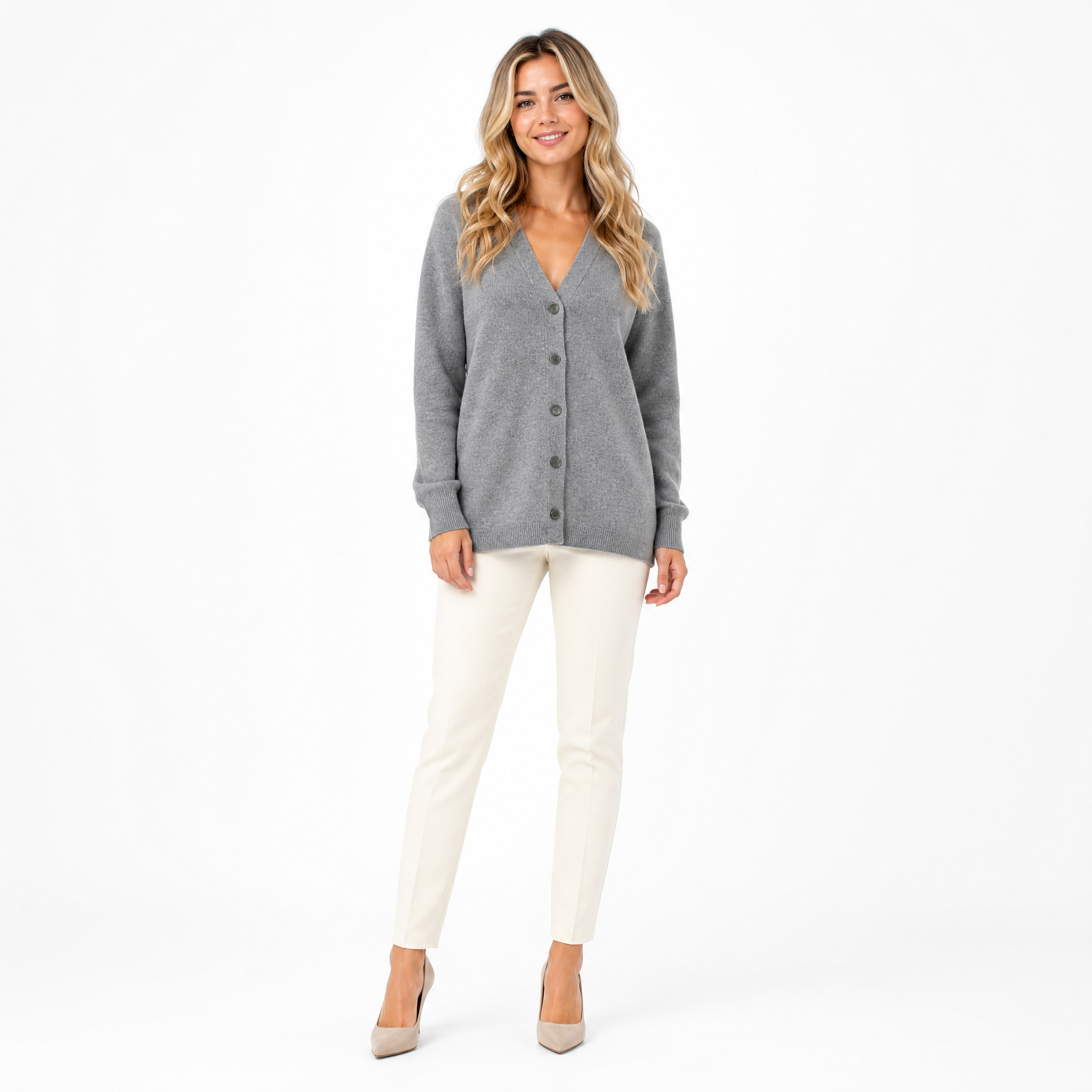Grey Cashmere V-Neck Cardigan front view